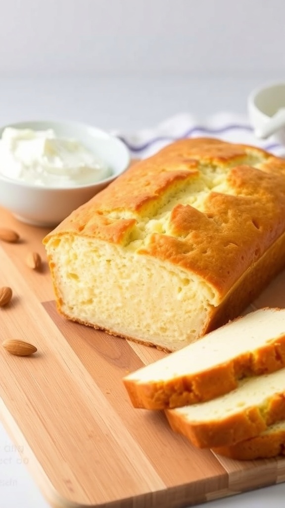 Sliced zero carb yogurt bread on a cutting board, showcasing its soft texture, with Greek yogurt and almond flour in the background.